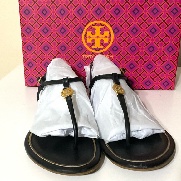 TORY BURCH Emmy T-strap Flat Sandals & dust bag Black 8 1/2 - Picture 7 of 16